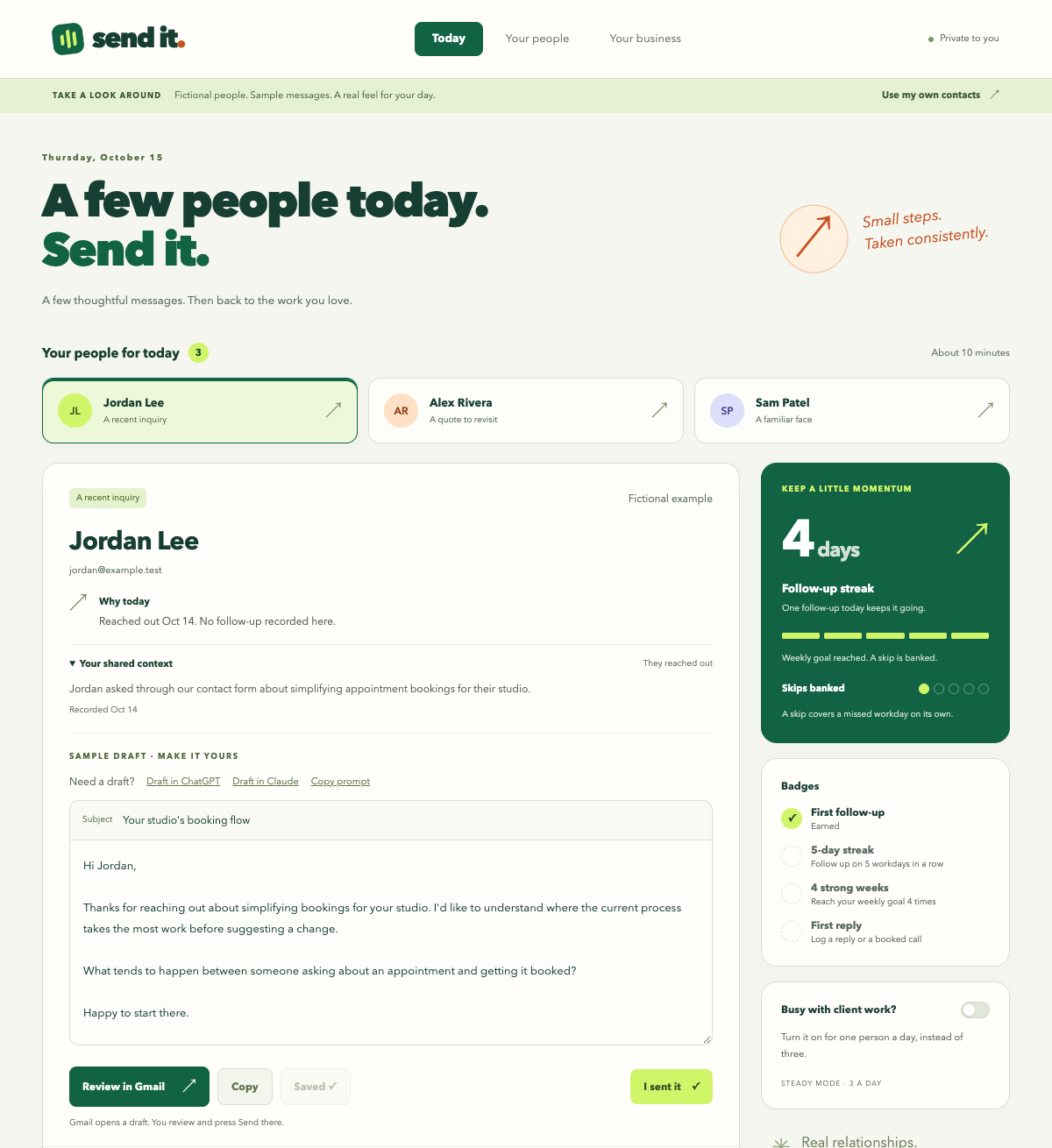 Send It showing a person to follow up with today, the reason they are on the list, and a drafted message to review